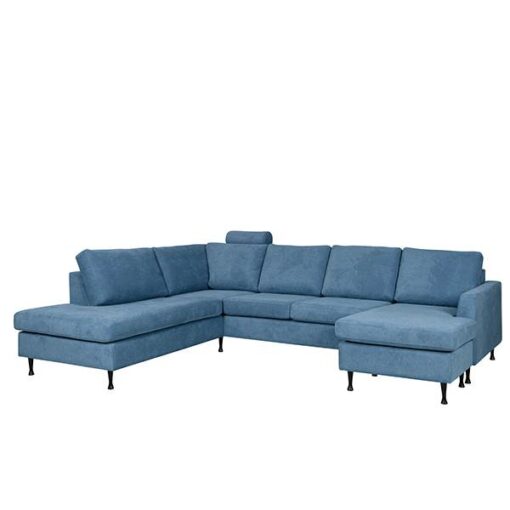 Dublin u-sofa med chaiselong og open end, blue, højrevendt, 2 stk. nakkestøtte