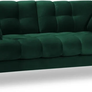2-personers sofa Micadoni Mamaia | flaskegrøn velour, 152 cm bred, 2 pyntepuder, sorte metalben