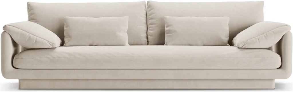 4-personers sofa Micadoni Torino - lys beige Casino Pearl velour, 250 cm, koldskum sæde, 2 pyntepuder