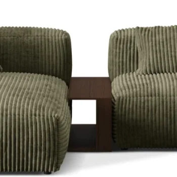Chaiselong/hjørnesofa Micadoni Martina venstrevendt, mosgrøn ribvelour Tilia, 285×176×75 cm