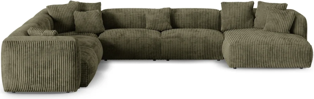 Chaiselongsofa Micadoni Martina venstrevendt mosgrøn ribvelour hjørnesofa 420x330 cm sædedybde 90 cm