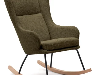 Gyngestol Kave Home Maustin grøn med polstret shearling-stof, sort stålstel og bøgetræsskøjter H106xB68xL95 cm