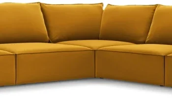 Hjørnesofa Micadoni Kaelle, gyldengul velour, 286×286 cm, rummelig 7-pers. chaiselong, plastben