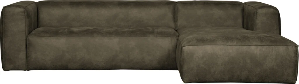 Hjørnesofa WOOOD Bean højrevendt - Army grøn læderlook, FSC-træramme, 305×175 cm