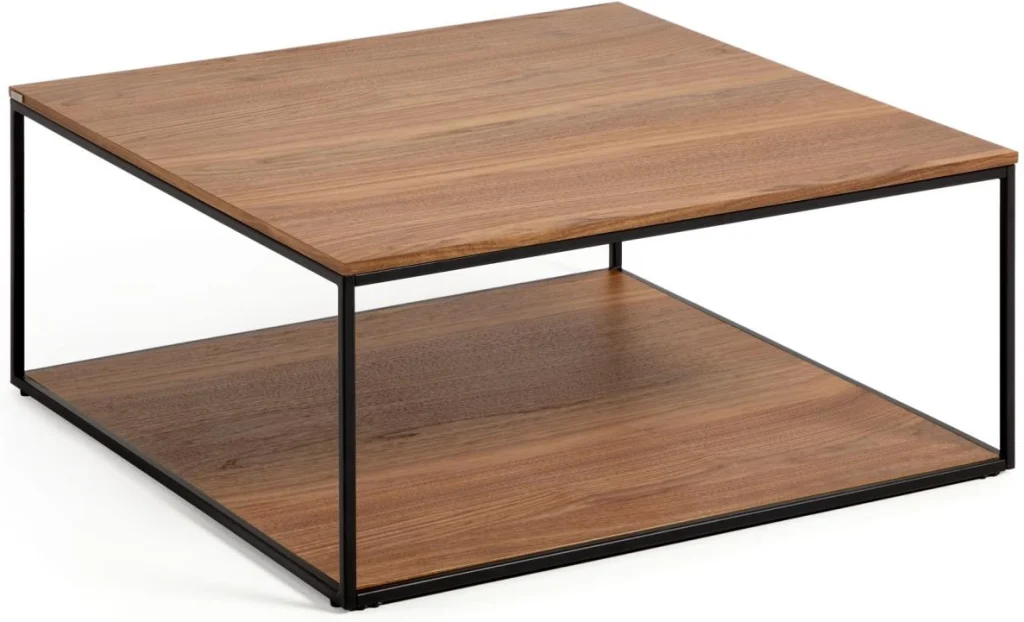 Sofabord/kaffebord Kave Home Yoana - 80x80x35 cm valnødtræfiner, mat sort metalstel