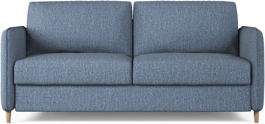Sovesofa 3-personers Micadoni Simo mørkeblå Babel Blue strukturstof - seng 140x200, honningfarvede bøgetræsben