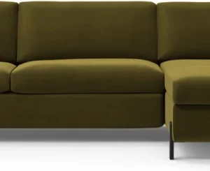 Sovesofa chaiselong Micadoni Gloria, grøn velour, højrevendt, plads til 5, soveplads 160×205 cm, opbevaring