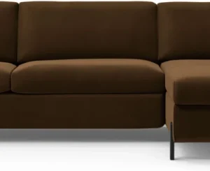 Sovesofa chaiselong Micadoni Gloria, højrevendt, chokoladebrun velour, B286×D170×H88 cm, soveplads 160×205 cm, opbevaring, sorte metalben
