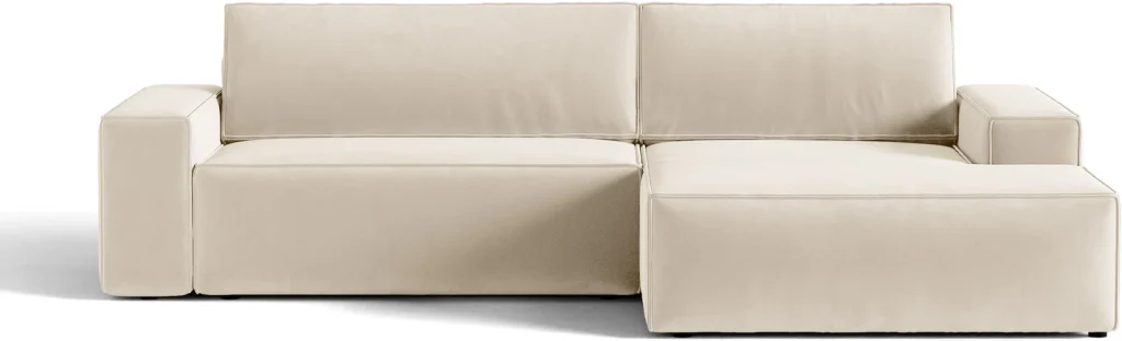 Sovesofa chaiselong Micadoni Jodie højrevendt, lys beige velour, 130×200 cm liggeflade, opbevaring
