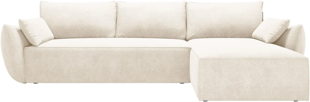 Sovesofa chaiselong Micadoni Kaelle højrevendt - lys beige chenille, 4 pers., opbevaring, liggemål 125×212 cm