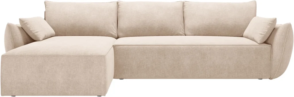 Sovesofa chaiselong Micadoni Kaelle, venstrevendt, beige chenillestof, 4 pers., opbevaring, udtræk 125×212 cm