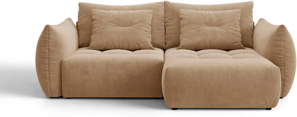 Sovesofa/chaiselongsofa Micadoni Bloom - Casino Lion velour, mandelbeige, højrevendt med opbevaring, til 3 personer